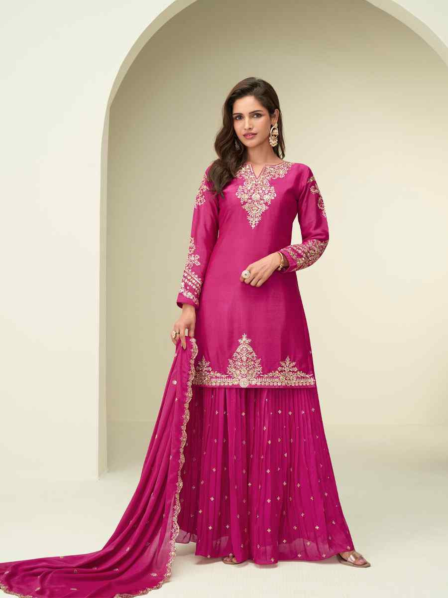 Pink Premium Chinon Silk Embroidery Party Wedding Festival Casual Ready Palazzo Pant Salwar Kameez