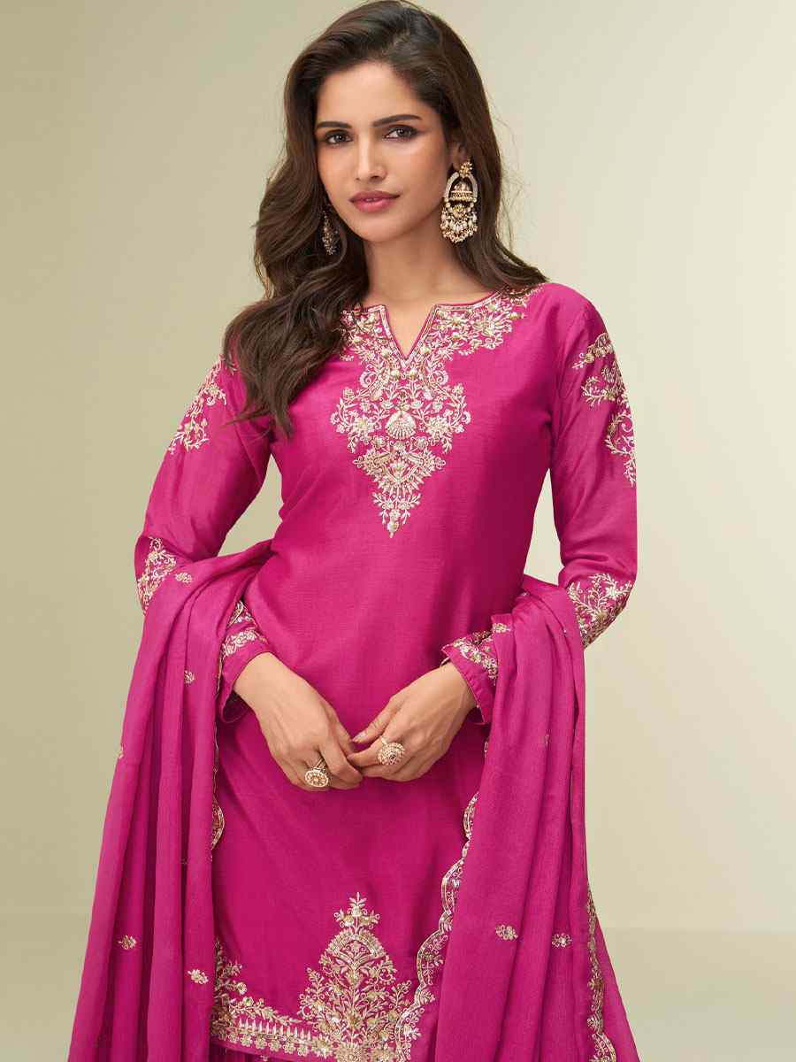 Pink Premium Chinon Silk Embroidery Party Wedding Festival Casual Ready Palazzo Pant Salwar Kameez