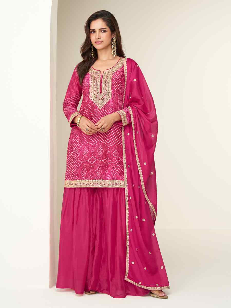 Pink Premium Chinon Silk Embroidery Party Wedding Festival Casual Ready Sharara Pant Salwar Kameez