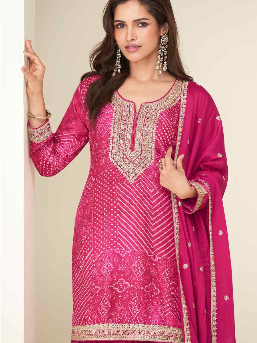 Pink Premium Chinon Silk Embroidery Party Wedding Festival Casual Ready Sharara Pant Salwar Kameez