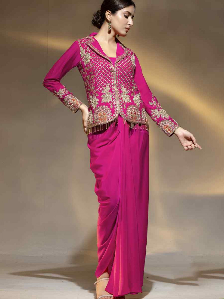 Image of Pink Premium Crepe Embroidered Festival Wedding Party Kurti Bottom Women Wear