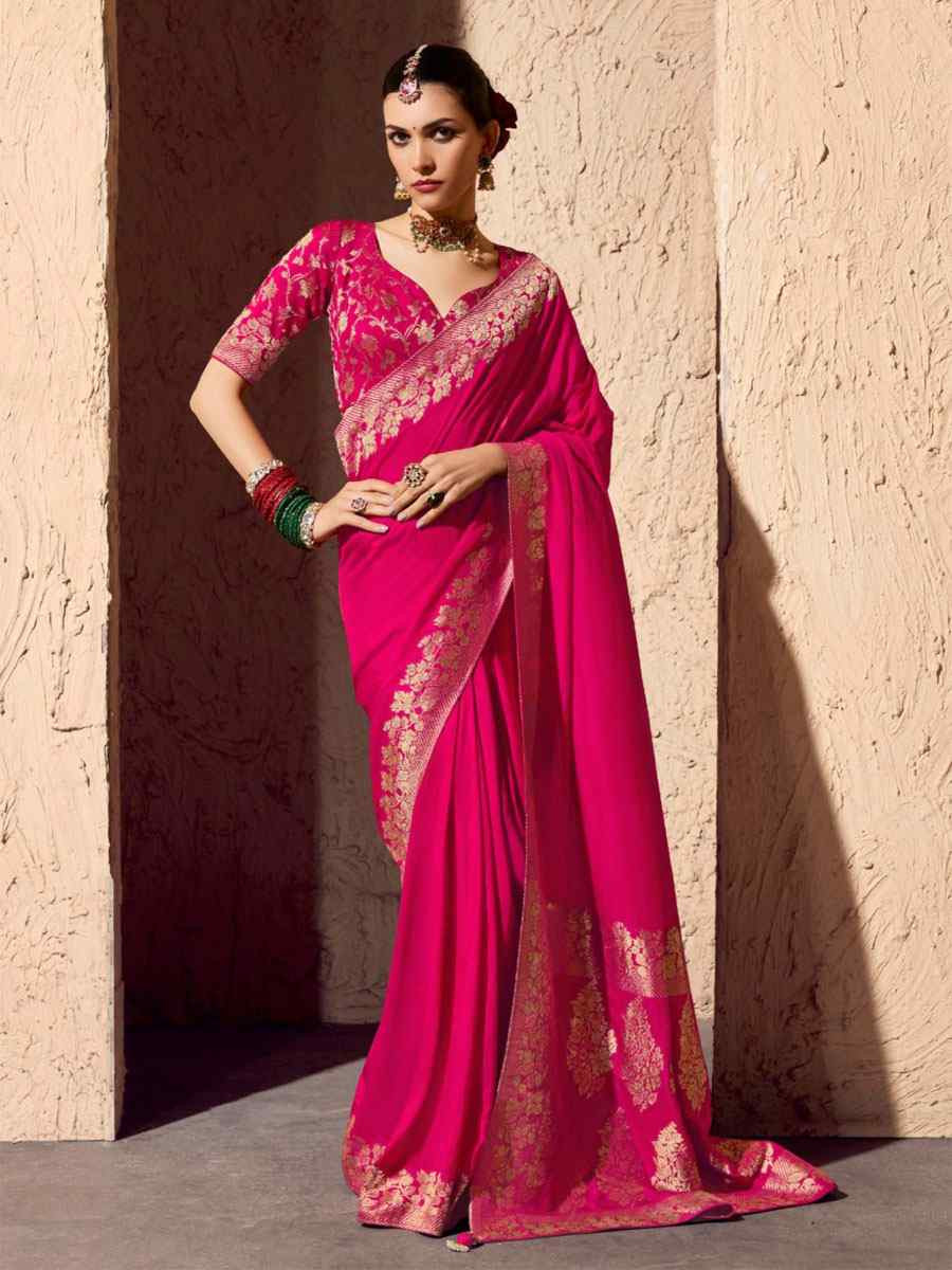 Pink Premium Crepe Georgette Handwoven Traditional Bridal Reception Festival Wedding Fancy Heavy Border Saree