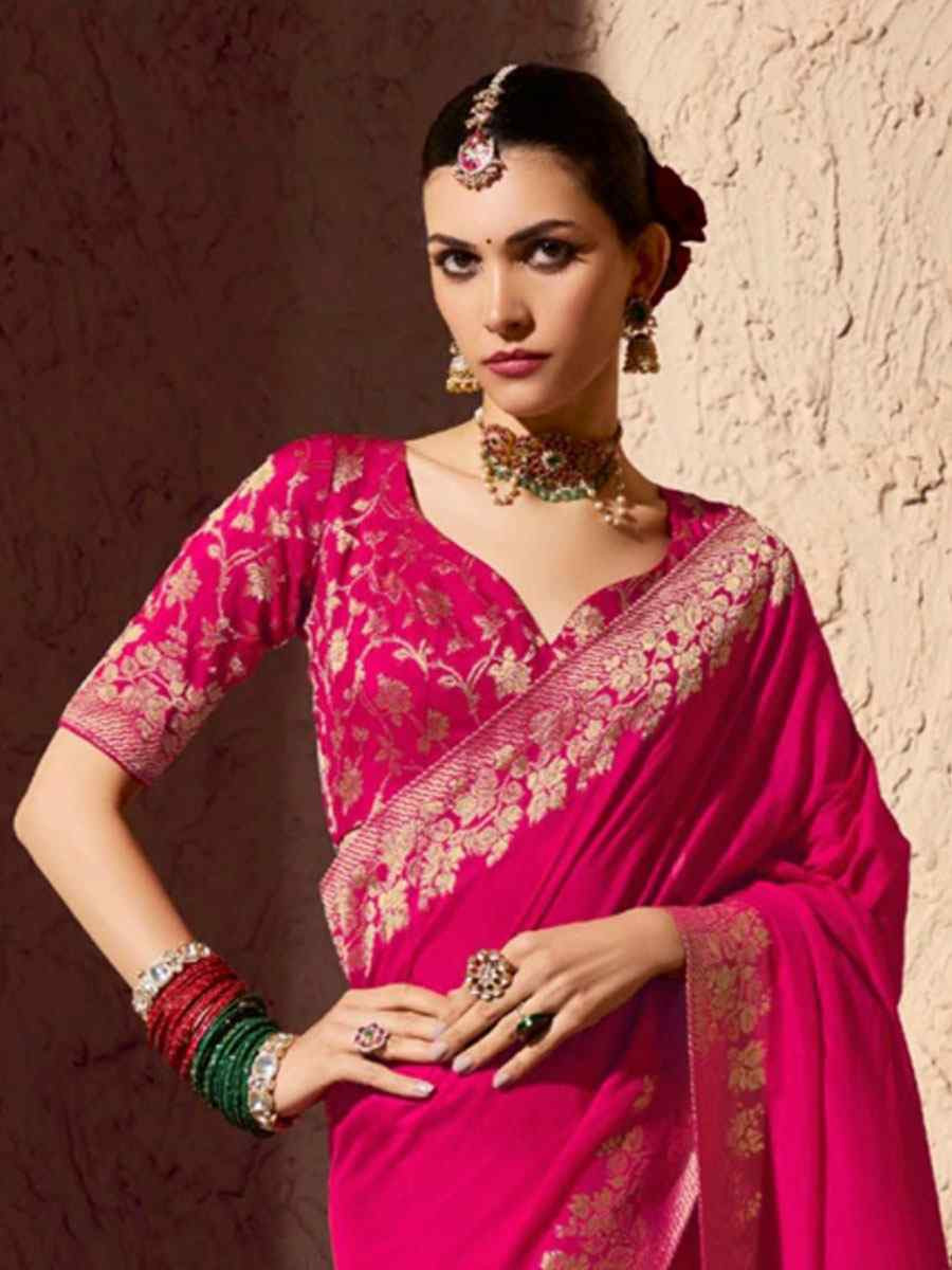 Pink Premium Crepe Georgette Handwoven Traditional Bridal Reception Festival Wedding Fancy Heavy Border Saree