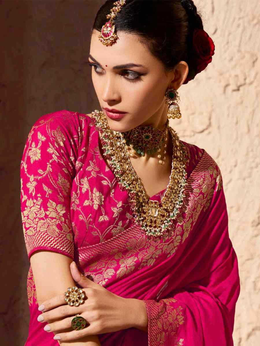 Pink Premium Crepe Georgette Handwoven Traditional Bridal Reception Festival Wedding Fancy Heavy Border Saree