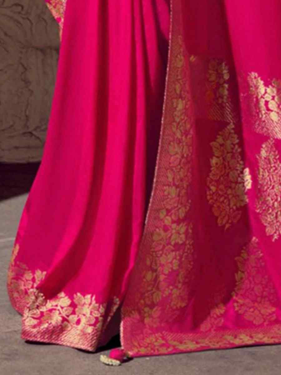 Pink Premium Crepe Georgette Handwoven Traditional Bridal Reception Festival Wedding Fancy Heavy Border Saree