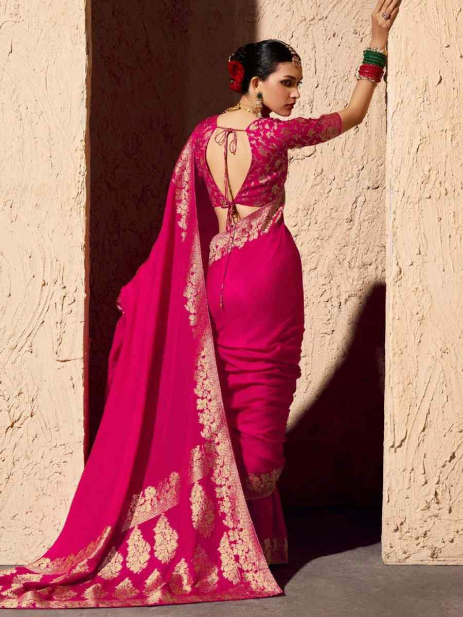 Pink Premium Crepe Georgette Handwoven Traditional Bridal Reception Festival Wedding Fancy Heavy Border Saree