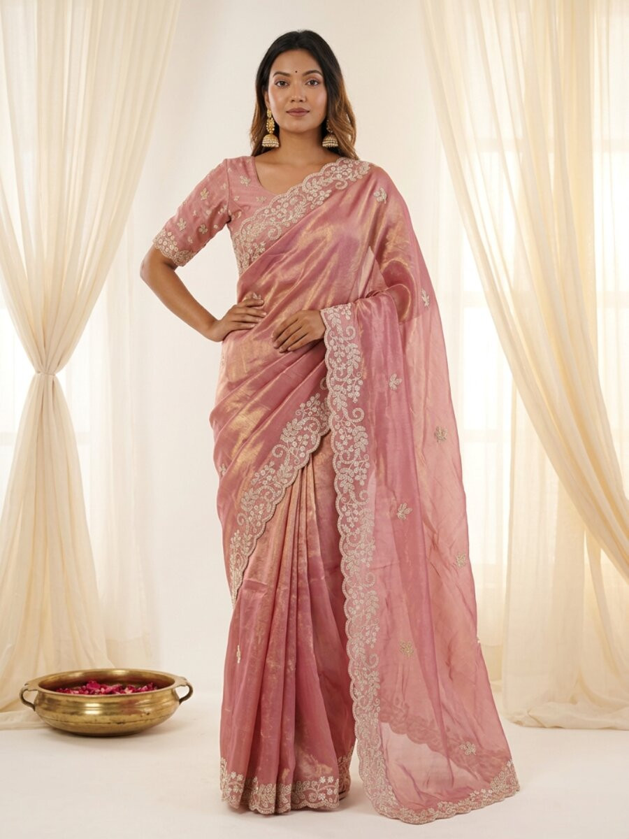 Pink Premium Fandy Satin Embroidery Wedding Party Festival Reception Casual Heavy Border Sarees