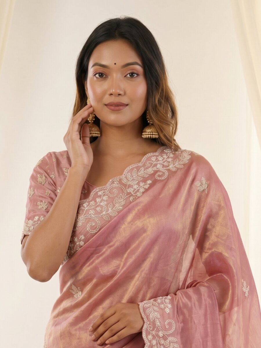 Pink Premium Fandy Satin Embroidery Wedding Party Festival Reception Casual Heavy Border Sarees