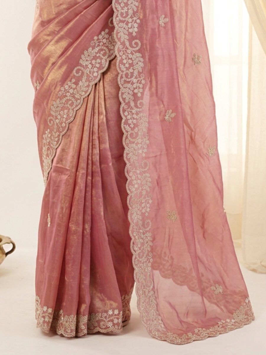 Pink Premium Fandy Satin Embroidery Wedding Party Festival Reception Casual Heavy Border Sarees