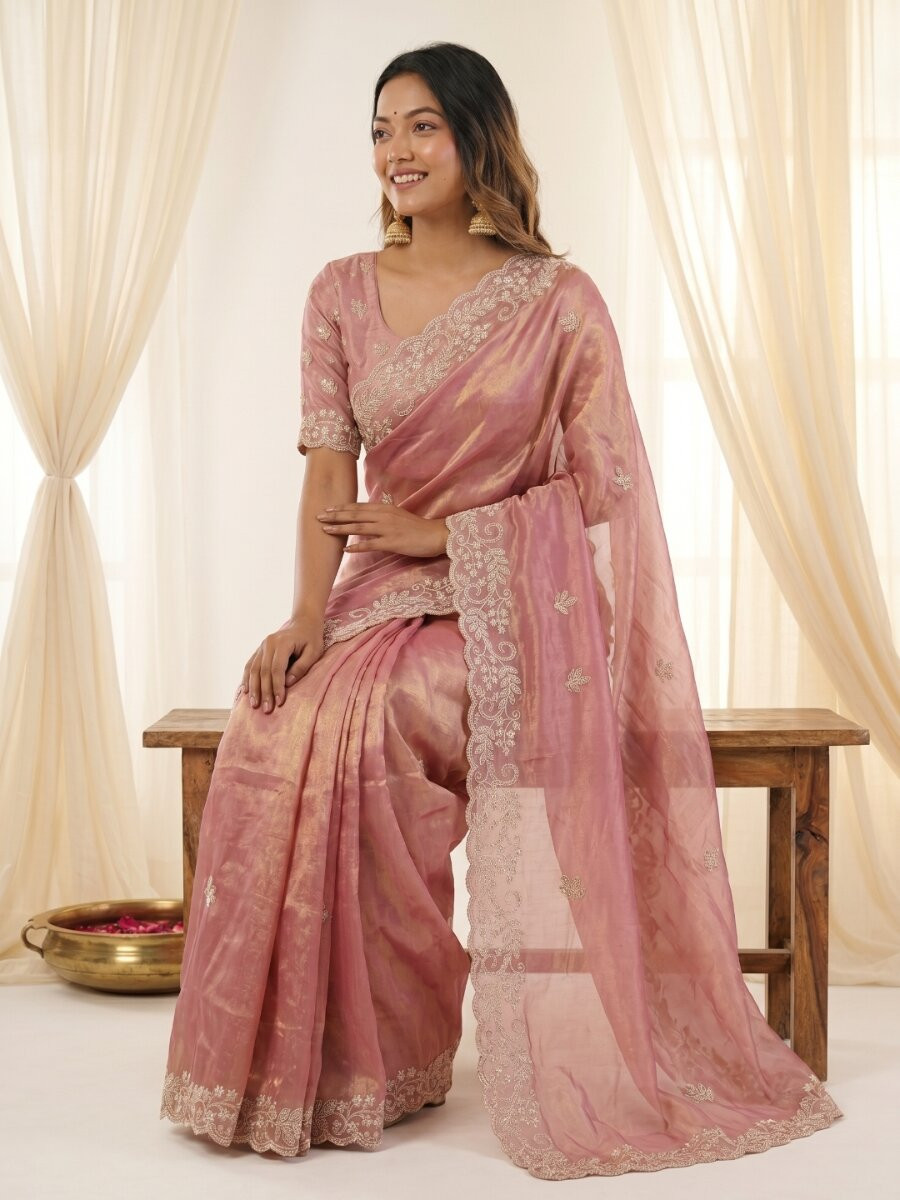 Pink Premium Fandy Satin Embroidery Wedding Party Festival Reception Casual Heavy Border Sarees