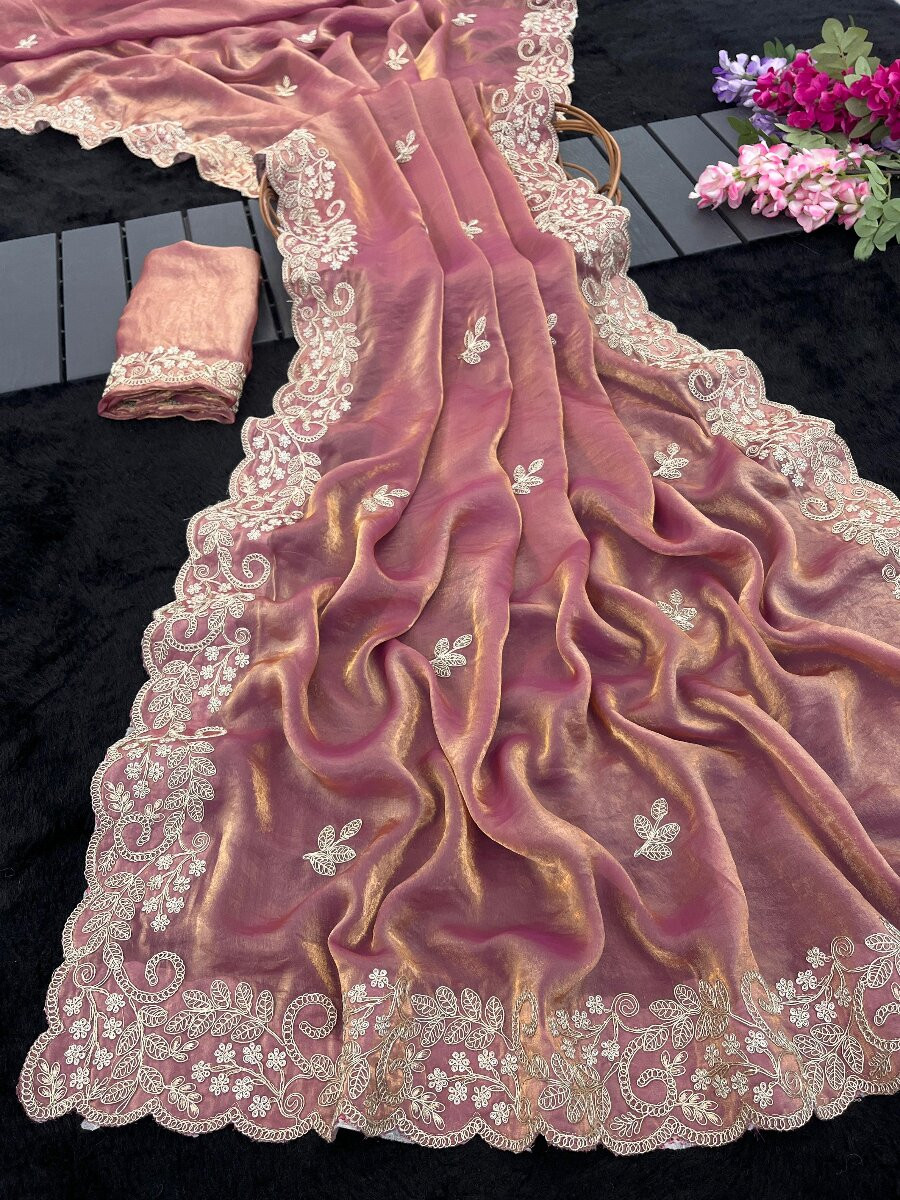 Pink Premium Fandy Satin Embroidery Wedding Party Festival Reception Casual Heavy Border Sarees