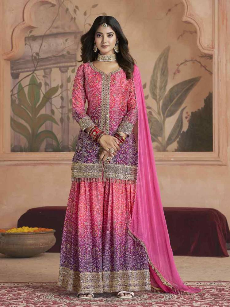 Image of Pink Premium Feel Chinnon Bhandej Print Embroidery Party Wedding Festival Casual Ready Palazzo Pant Salwar Kameez