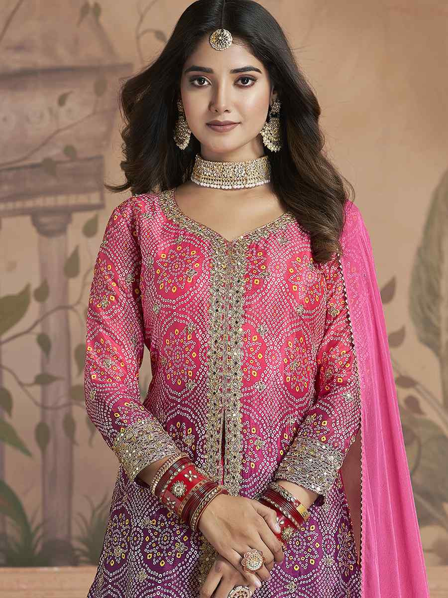 Pink Premium Feel Chinnon Bhandej Print Embroidery Party Wedding Festival Casual Ready Palazzo Pant Salwar Kameez