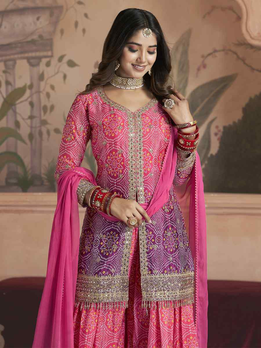 Pink Premium Feel Chinnon Bhandej Print Embroidery Party Wedding Festival Casual Ready Palazzo Pant Salwar Kameez