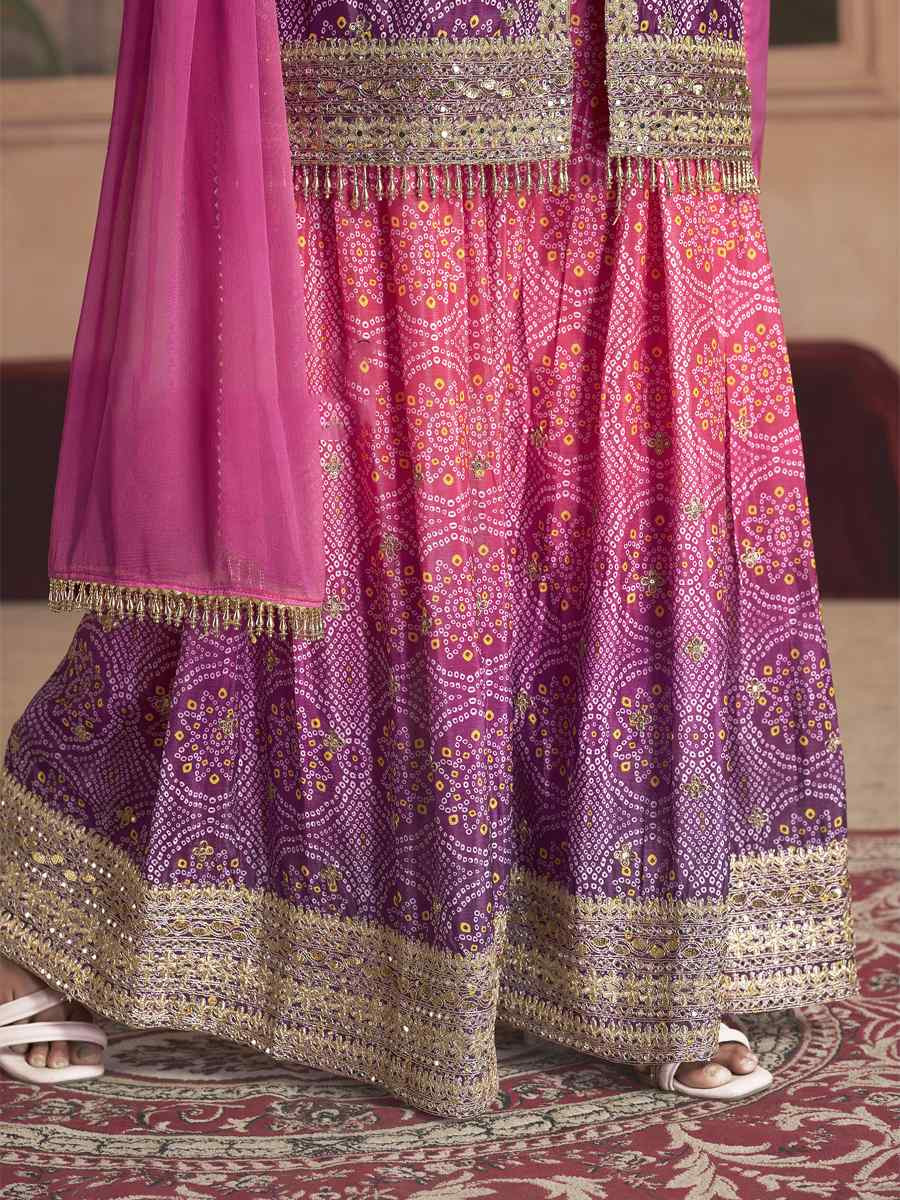 Pink Premium Feel Chinnon Bhandej Print Embroidery Party Wedding Festival Casual Ready Palazzo Pant Salwar Kameez