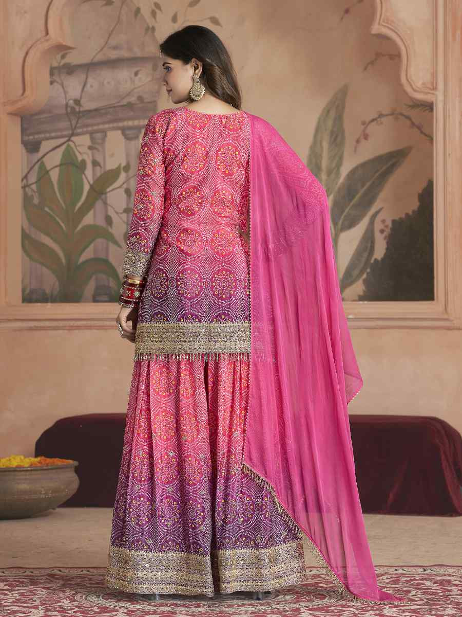 Pink Premium Feel Chinnon Bhandej Print Embroidery Party Wedding Festival Casual Ready Palazzo Pant Salwar Kameez