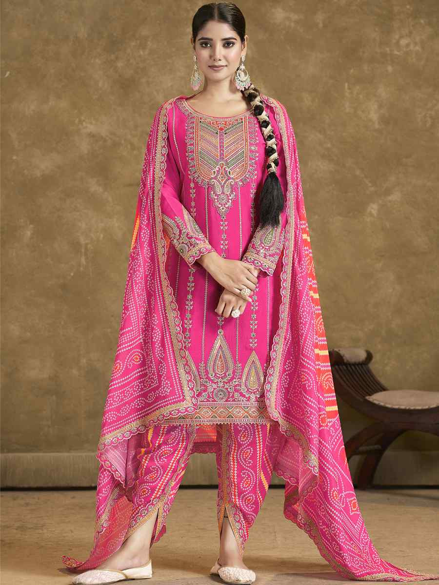 Pink Premium Fiber Chinnon Embroidery Party Wedding Festival Casual Ready Cape Style Salwar Kameez