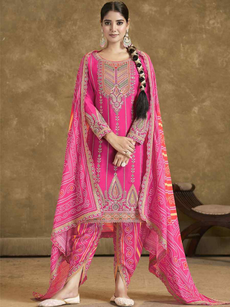 Image of Pink Premium Fiber Chinnon Embroidery Party Wedding Festival Casual Ready Cape Style Salwar Kameez