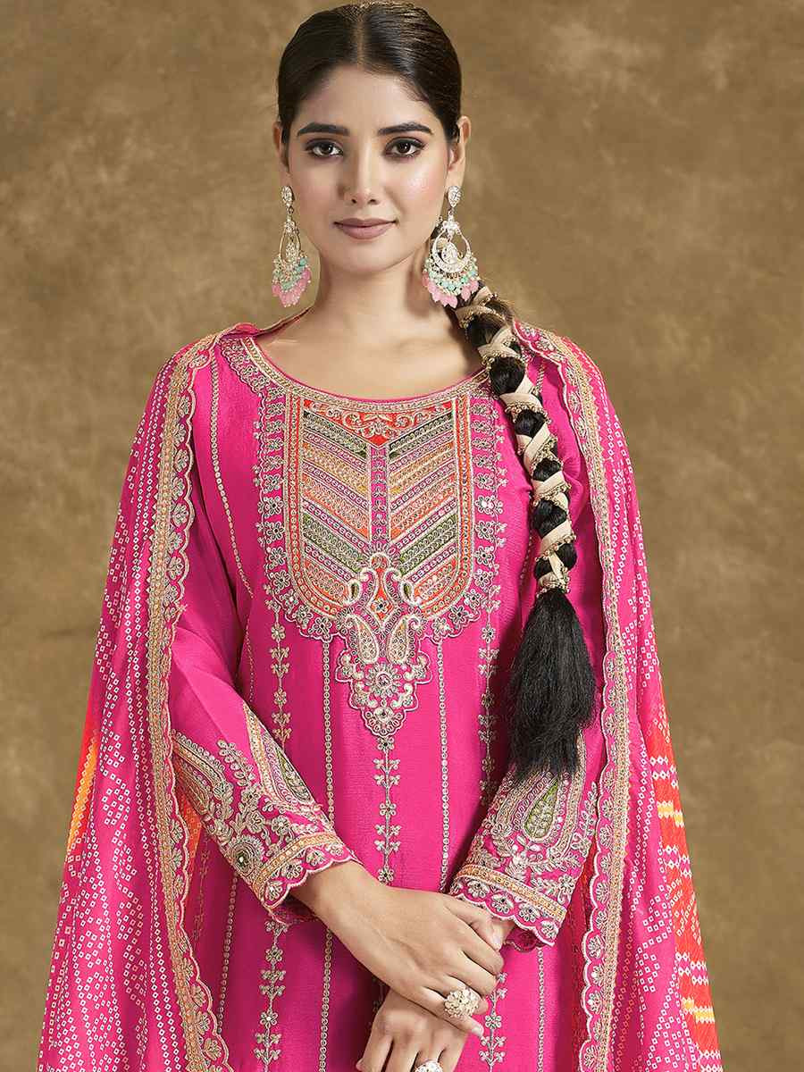 Pink Premium Fiber Chinnon Embroidery Party Wedding Festival Casual Ready Cape Style Salwar Kameez
