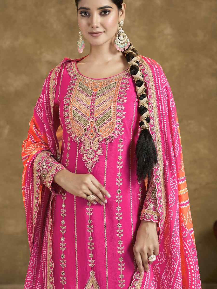 Pink Premium Fiber Chinnon Embroidery Party Wedding Festival Casual Ready Cape Style Salwar Kameez