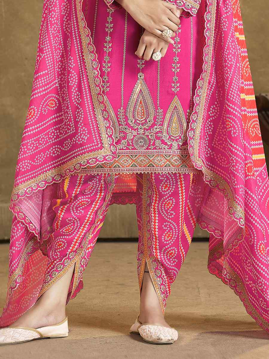 Pink Premium Fiber Chinnon Embroidery Party Wedding Festival Casual Ready Cape Style Salwar Kameez