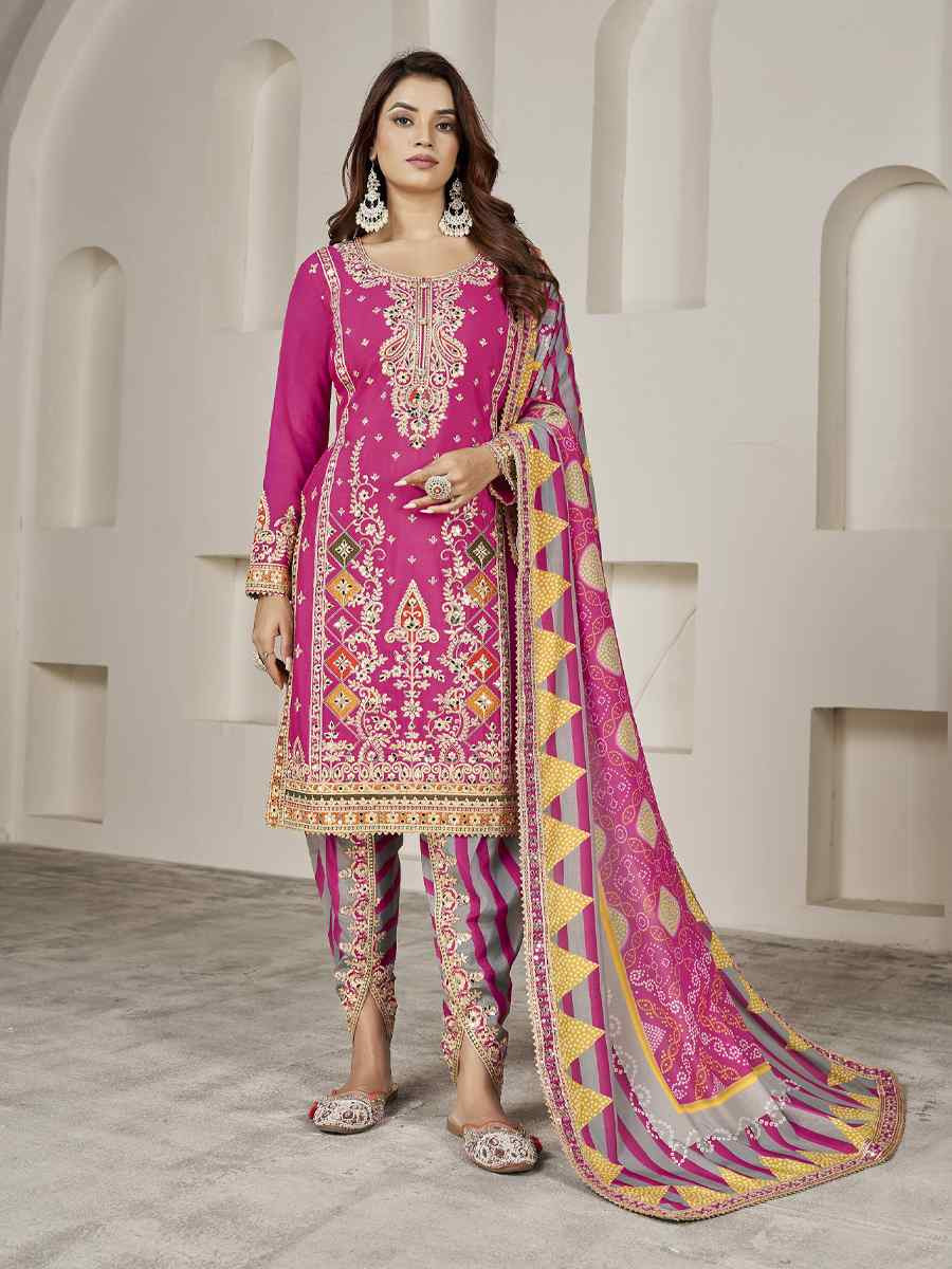 Pink Premium Fiber Chinnon Embroidery Party Wedding Festival Casual Ready Cape Style Salwar Kameez