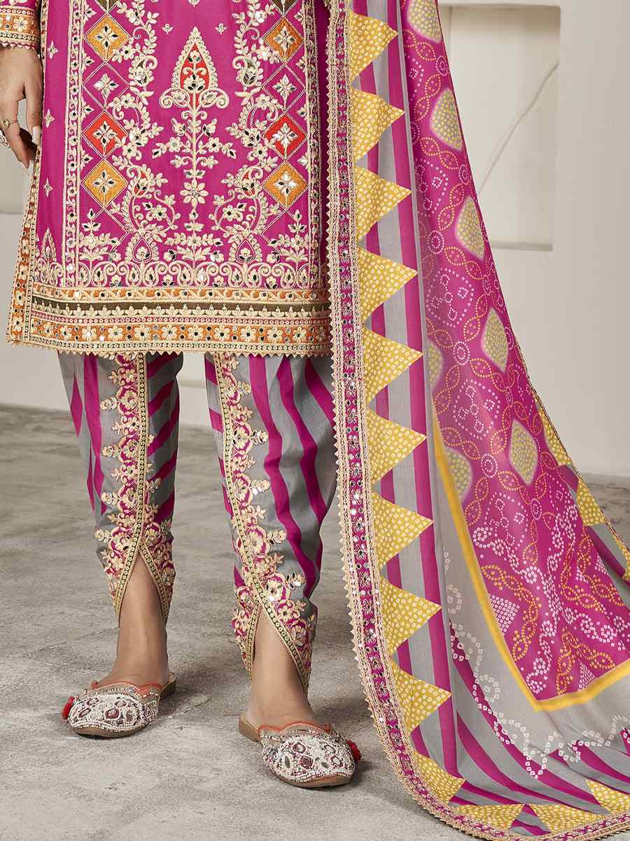 Pink Premium Fiber Chinnon Embroidery Party Wedding Festival Casual Ready Cape Style Salwar Kameez