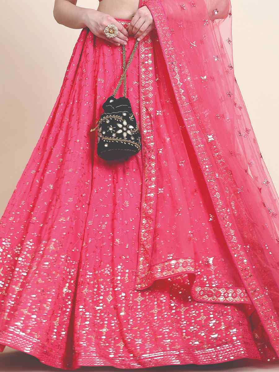 Pink Premium Georgette Embroidered Engagement Wedding Heavy Border Lehenga Choli