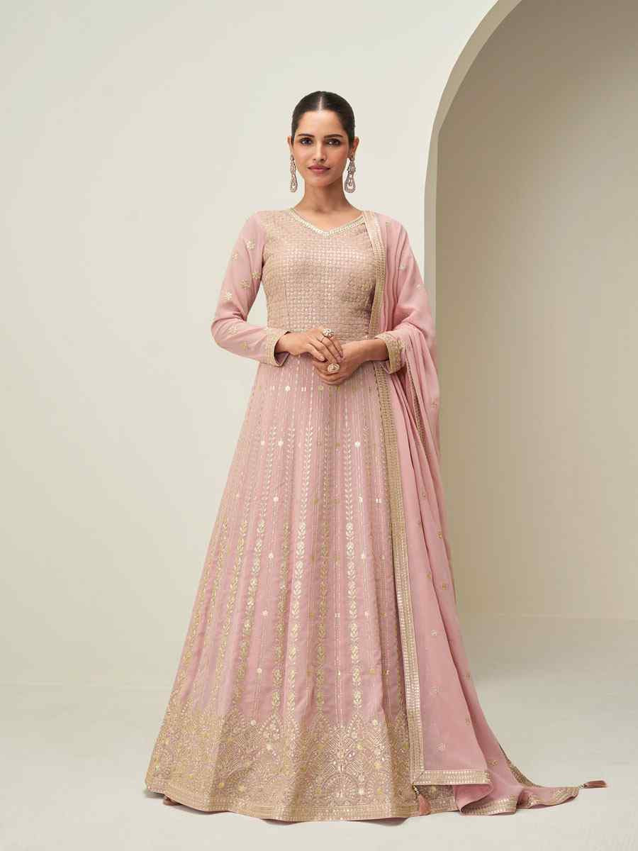 Pink Premium Georgette Embroidered Festival Casual Wedding Gown Women Wear