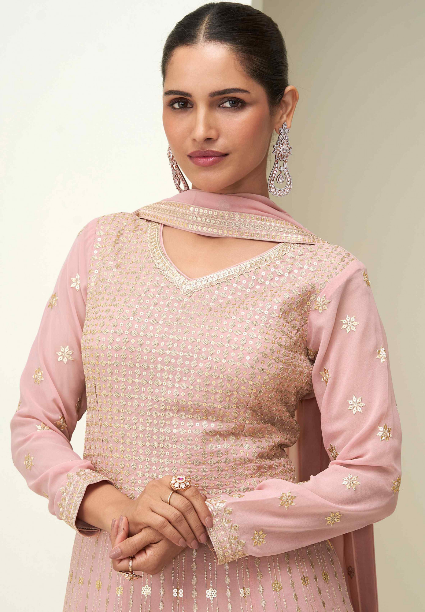 Pink Premium Georgette Embroidered Festival Casual Wedding Gown Women Wear