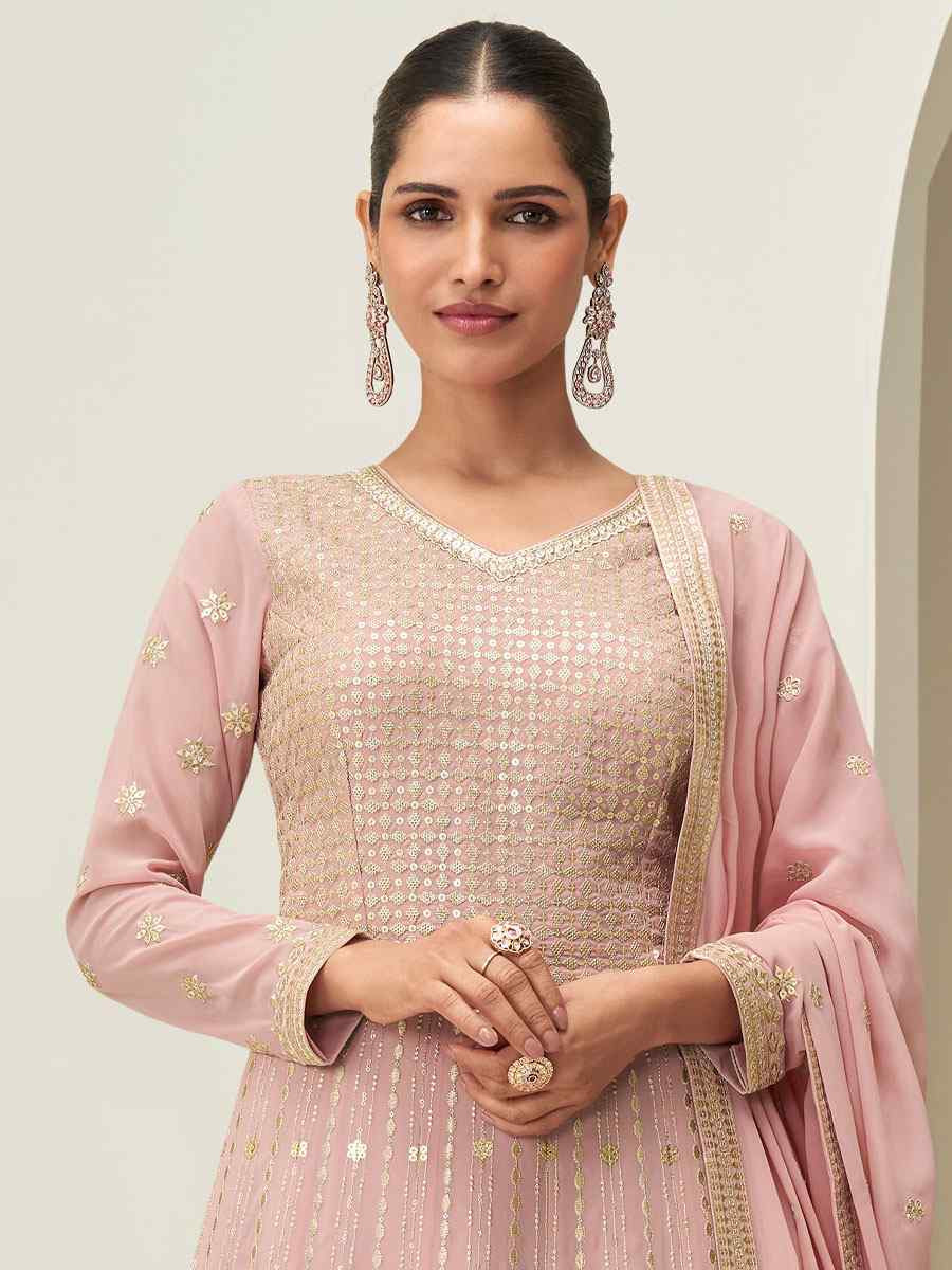 Pink Premium Georgette Embroidered Festival Casual Wedding Gown Women Wear
