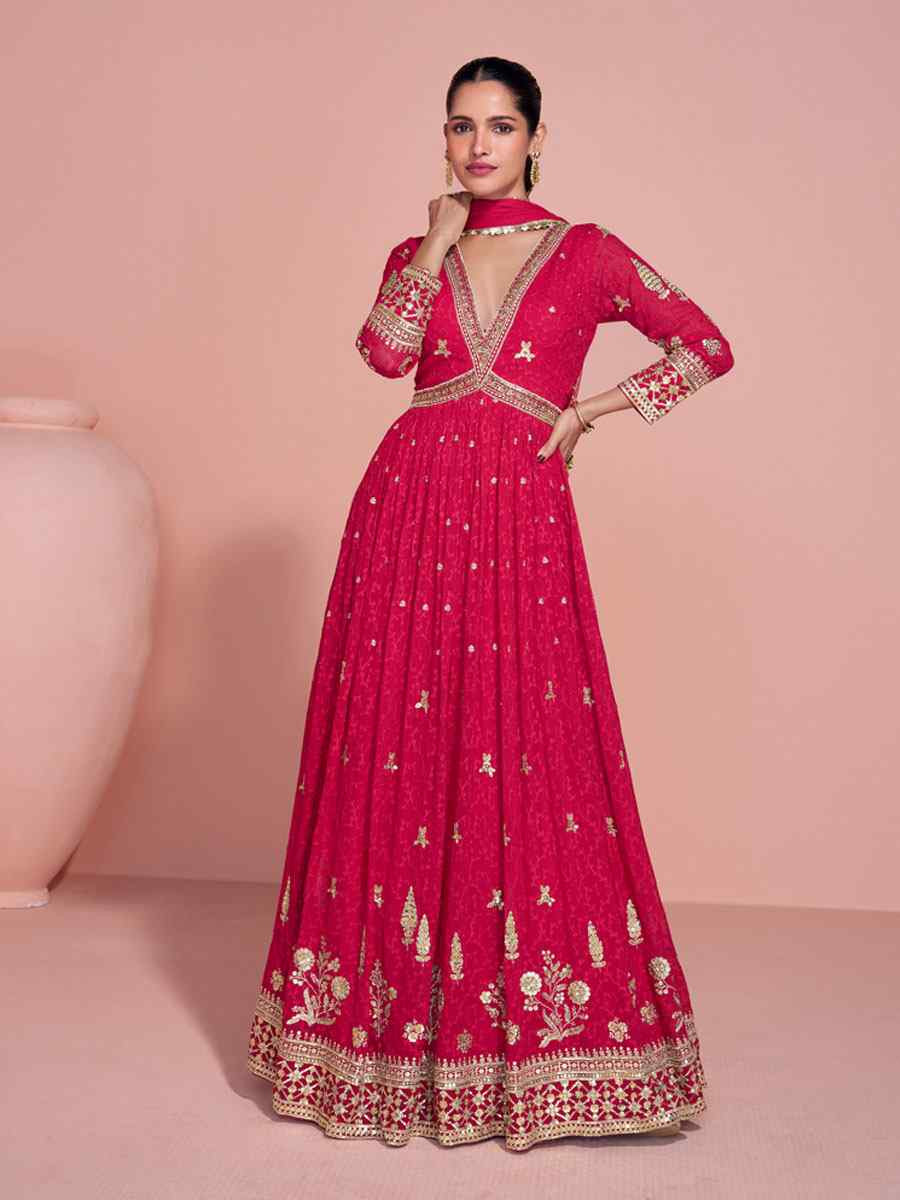 Pink Premium Georgette Embroidered Festival Casual Wedding Gown Women Wear