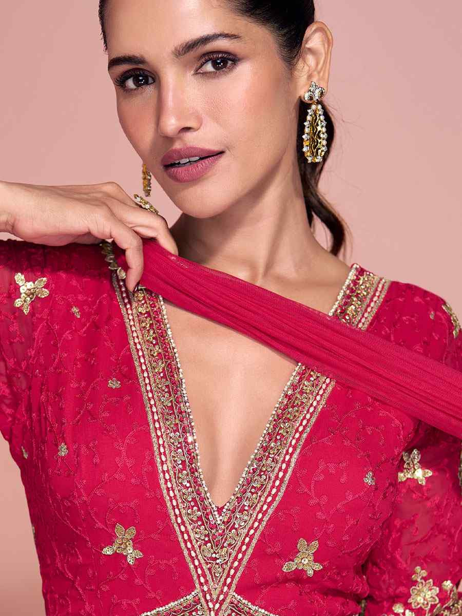 Pink Premium Georgette Embroidered Festival Casual Wedding Gown Women Wear