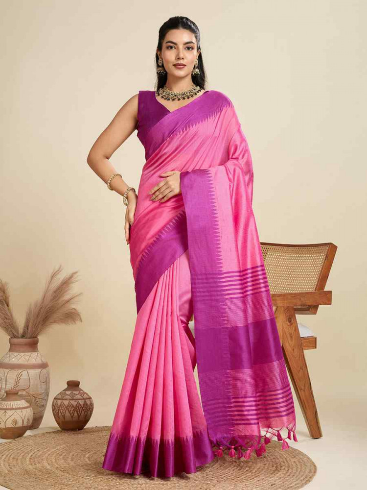 Image of Pink Premium Khadi Raw Silk Zari Handwoven Casual Reception Festival Wedding Fancy Classic Style Sarees