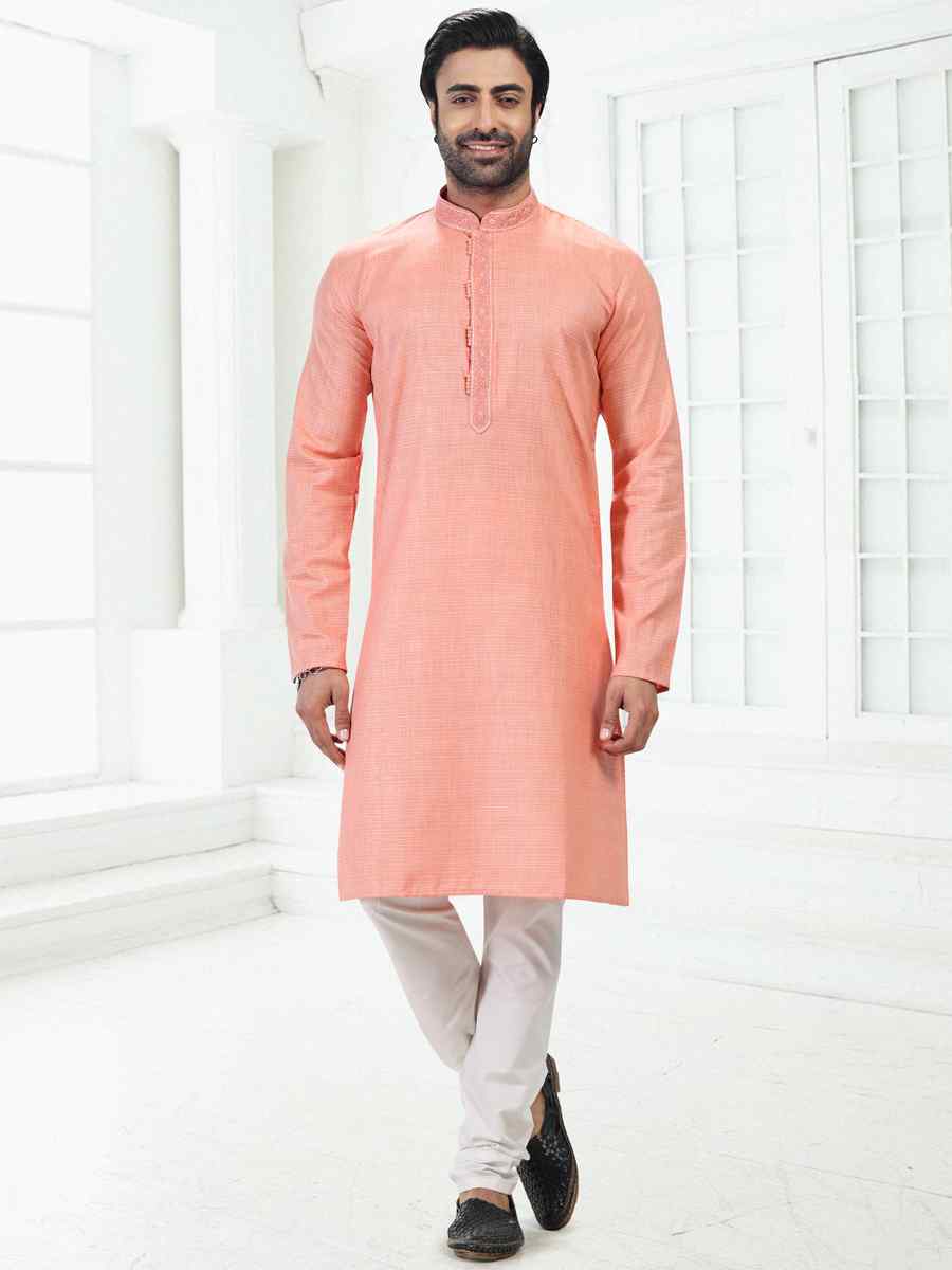 Pink Premium Linen Cotton Woven Festival Wedding Kurta