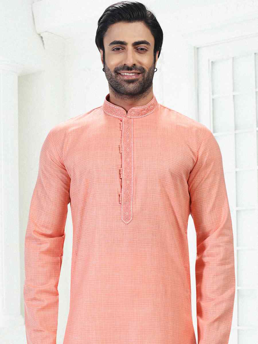 Pink Premium Linen Cotton Woven Festival Wedding Kurta