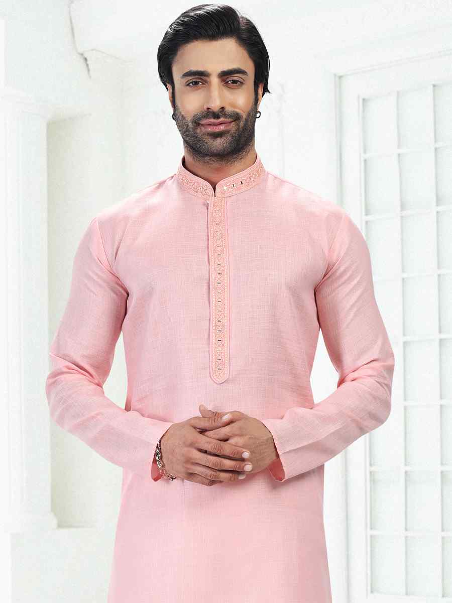 Pink Premium Linen Cotton Woven Festival Wedding Kurta