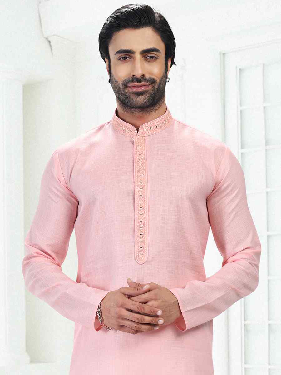 Pink Premium Linen Cotton Woven Festival Wedding Kurta