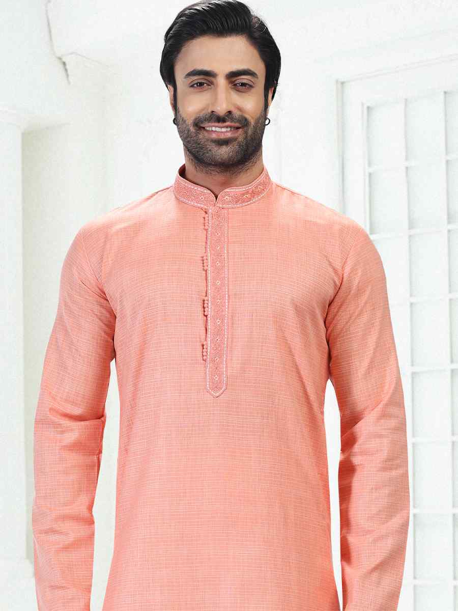 Pink Premium Linen Cotton Woven Festival Wedding Kurta