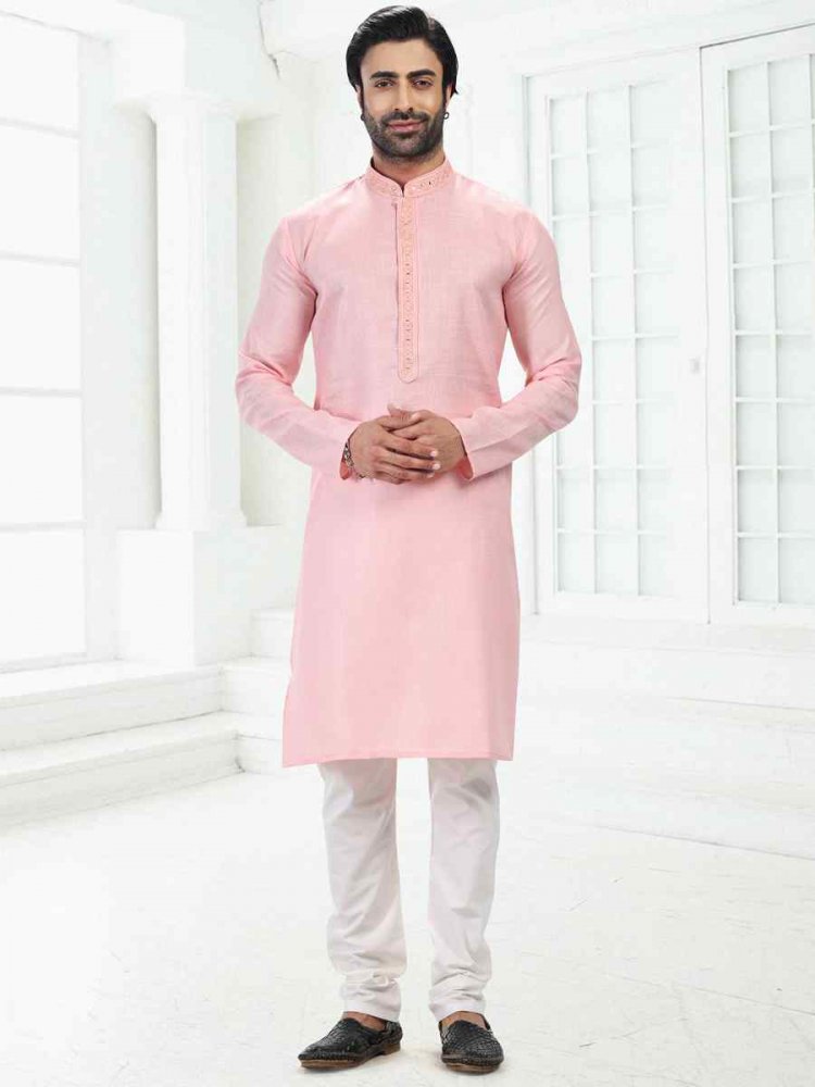 Pink Premium Linen Cotton Woven Festival Wedding Kurta