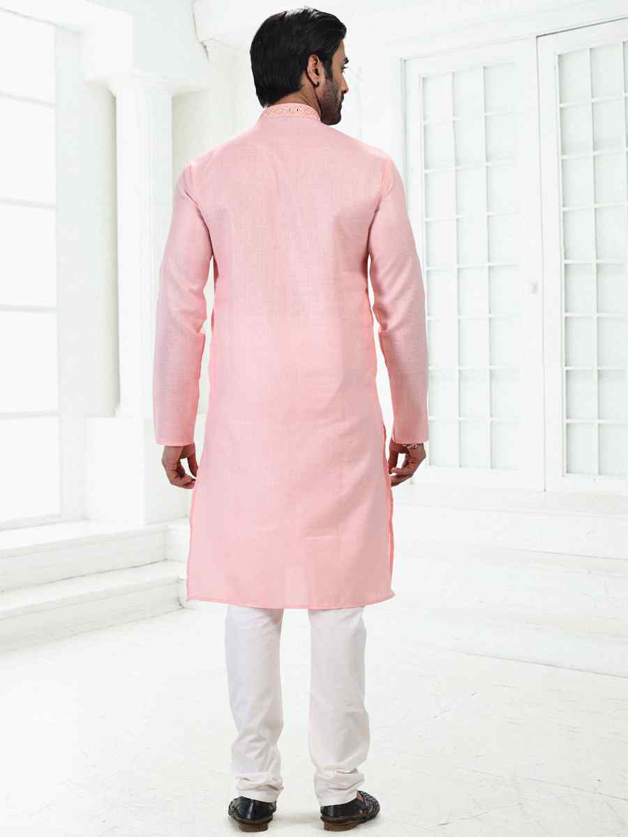 Pink Premium Linen Cotton Woven Festival Wedding Kurta