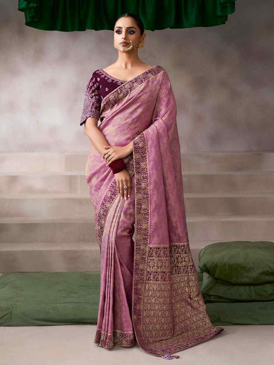 Pink Premium Pure Crepe Zari Handwoven Embroidery Bridal Reception Festival Wedding Fancy Heavy Border Sarees
