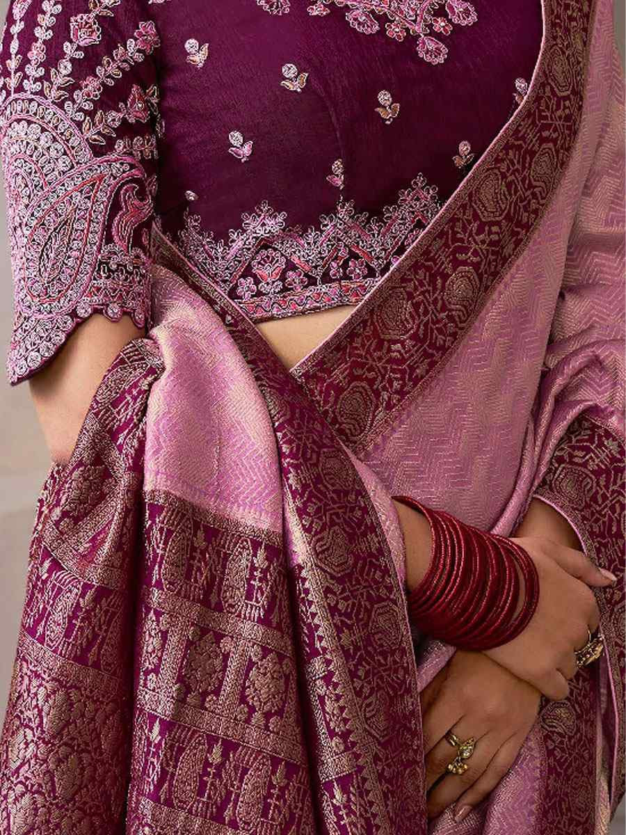 Pink Premium Pure Crepe Zari Handwoven Embroidery Bridal Reception Festival Wedding Fancy Heavy Border Sarees