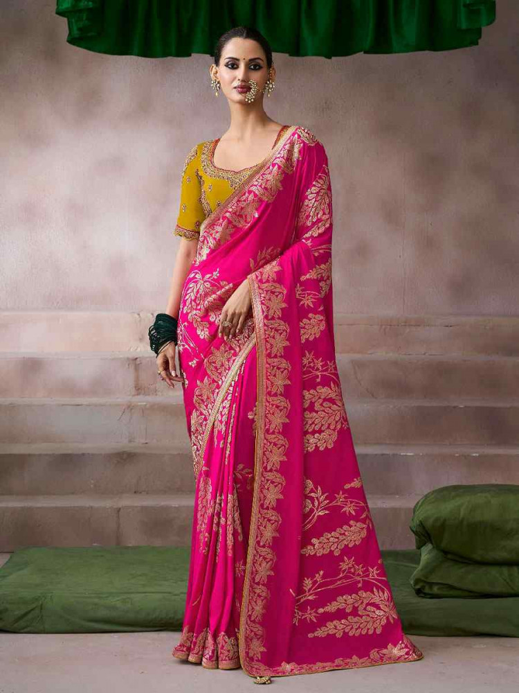 Image of Pink Premium Pure Crepe Zari Handwoven Embroidery Bridal Reception Festival Wedding Fancy Heavy Border Sarees
