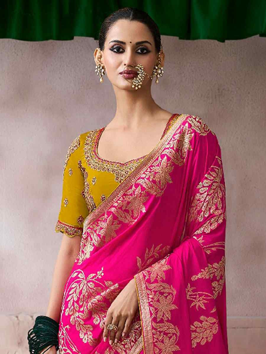 Pink Premium Pure Crepe Zari Handwoven Embroidery Bridal Reception Festival Wedding Fancy Heavy Border Sarees