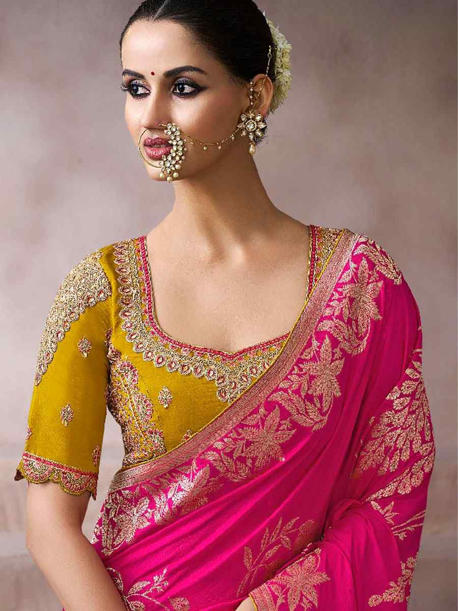 Pink Premium Pure Crepe Zari Handwoven Embroidery Bridal Reception Festival Wedding Fancy Heavy Border Sarees