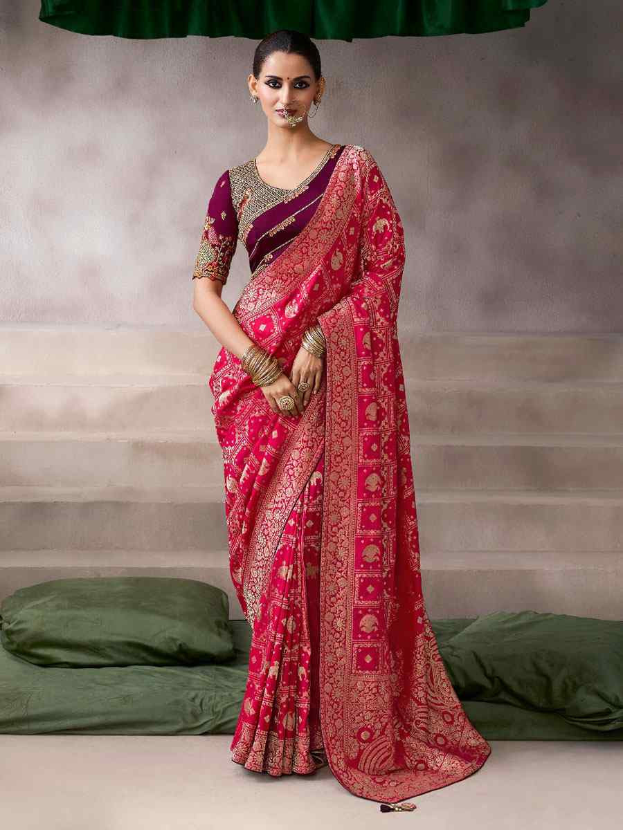 Pink Premium Pure Crepe Zari Handwoven Embroidery Bridal Reception Festival Wedding Fancy Heavy Border Sarees