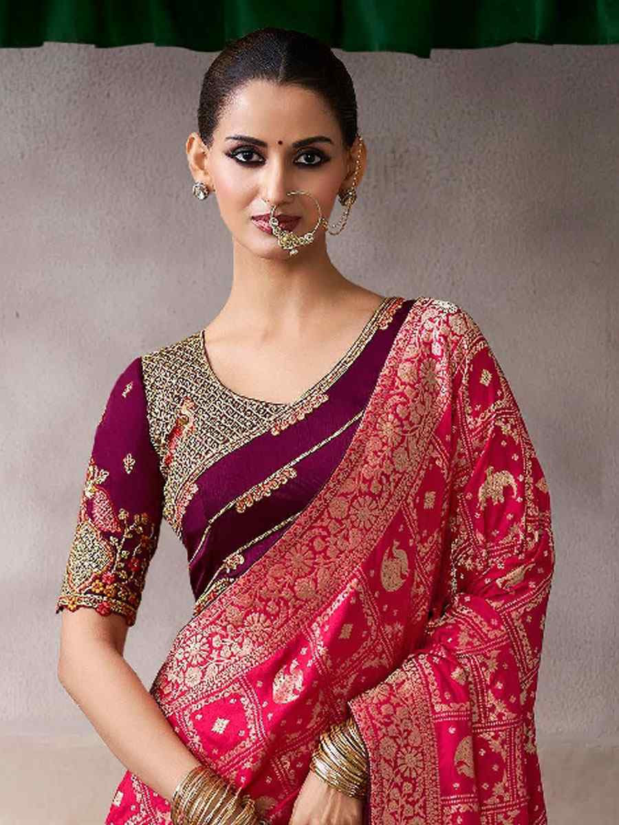 Pink Premium Pure Crepe Zari Handwoven Embroidery Bridal Reception Festival Wedding Fancy Heavy Border Sarees