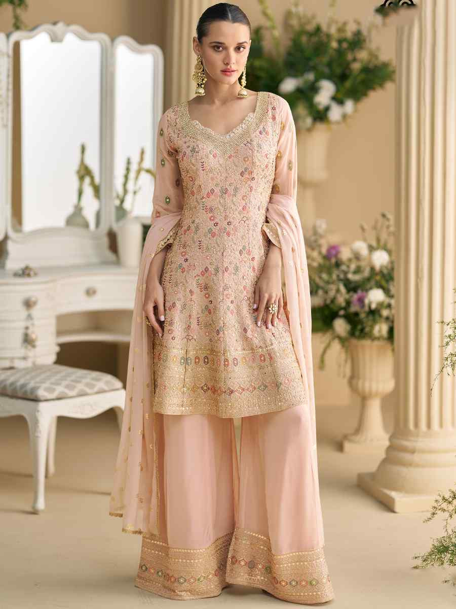 Pink Premium Real Georgette Embroidered Festival Wedding Ready Sharara Pant Salwar Kameez