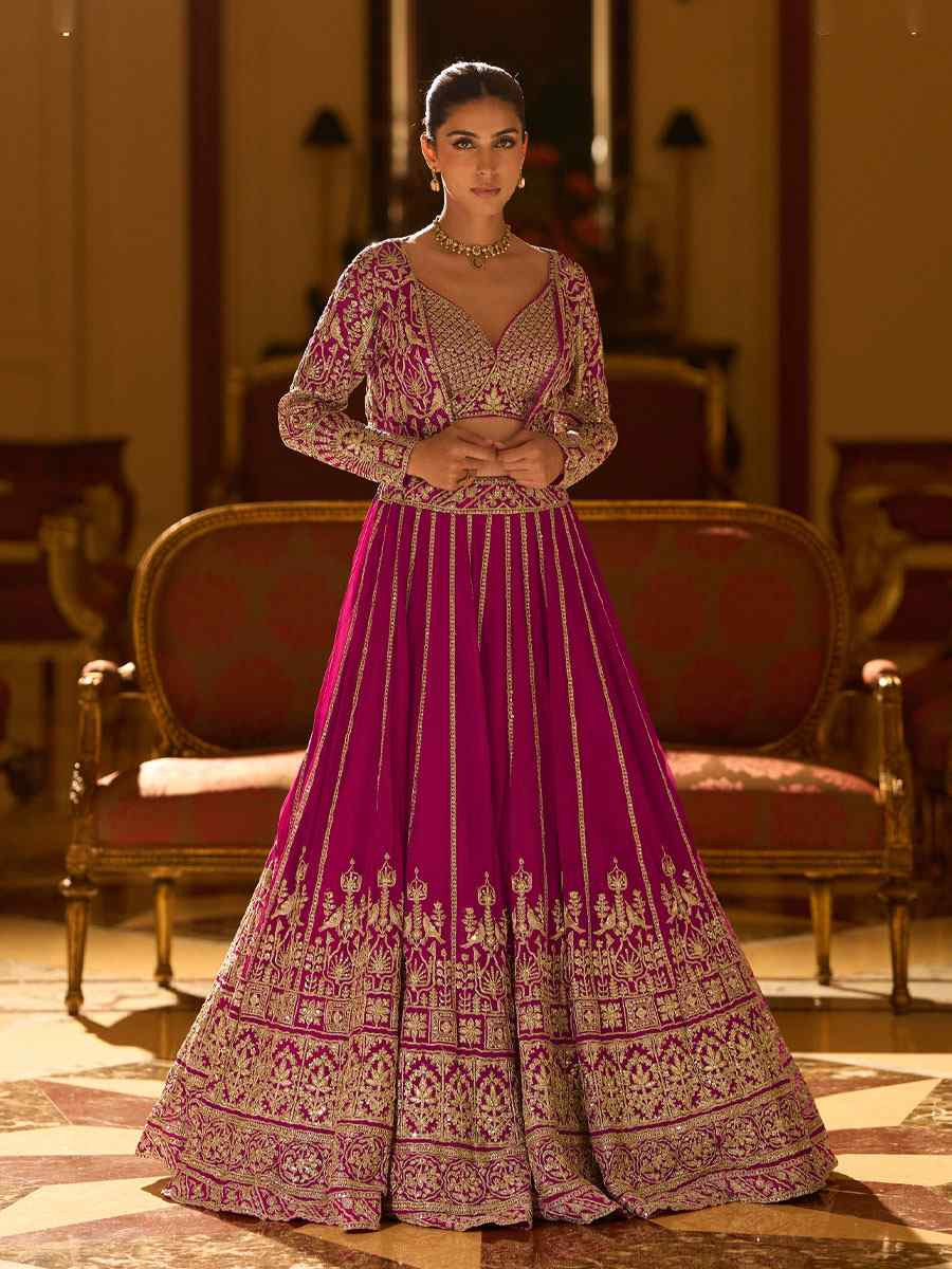 Pink Premium Real Georgette Embroidered Wedding Reception Festival Ready Heavy Border Shrug Lehenga Choli